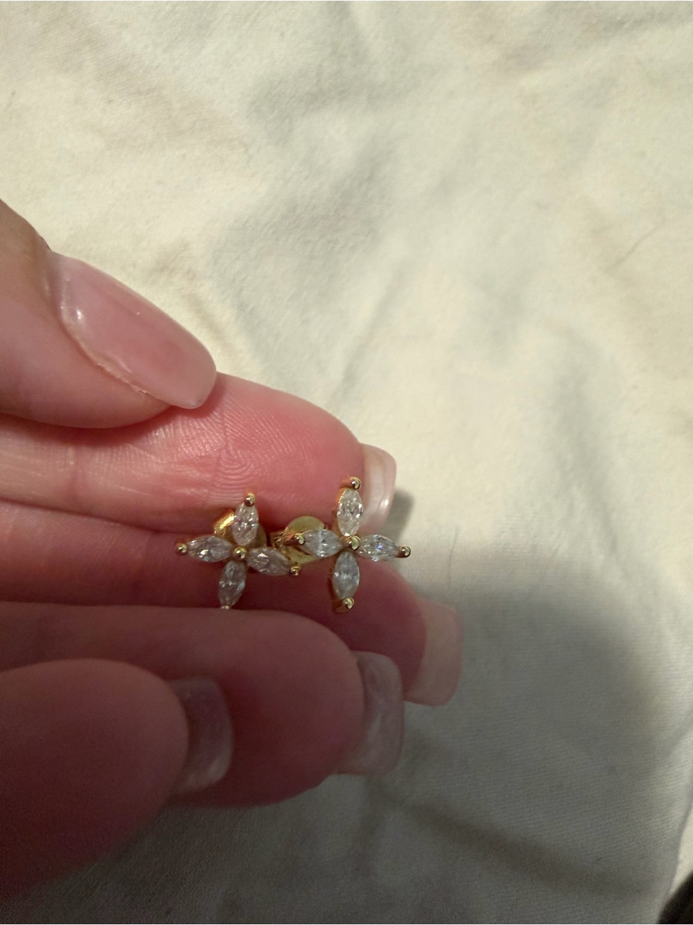 14k Gold Diamond Marquise Flower Stud Earrings - White - Picture 6 of 6